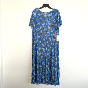 Woman Within Dress Large 18/20 Blue Crinkle Floral Short Sleeve Crinkle Peasant